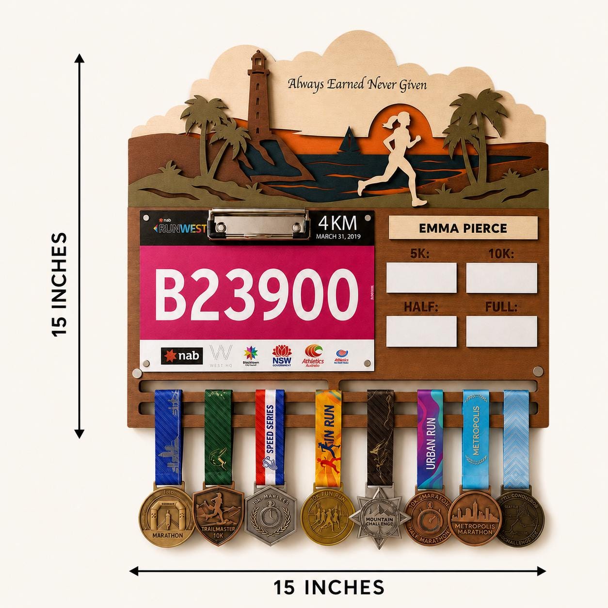 Coastal Runner Medal Hanger with PR Tracker – Seaside Race Bib Display