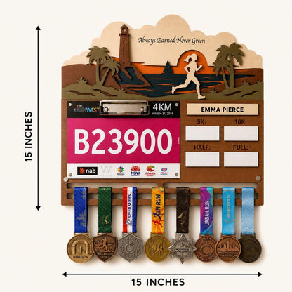 Coastal Runner Medal Hanger with PR Tracker – Seaside Race Bib Display