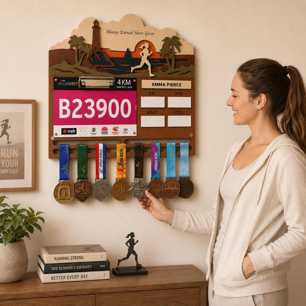 Coastal Runner Medal Hanger with PR Tracker – Seaside Race Bib Display
