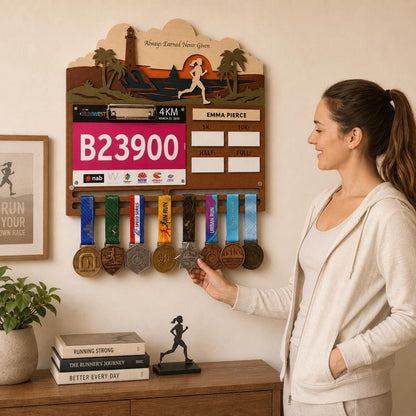 Coastal Runner Medal Hanger with PR Tracker – Seaside Race Bib Display
