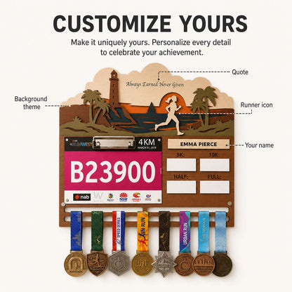 Coastal Runner Medal Hanger with PR Tracker – Seaside Race Bib Display