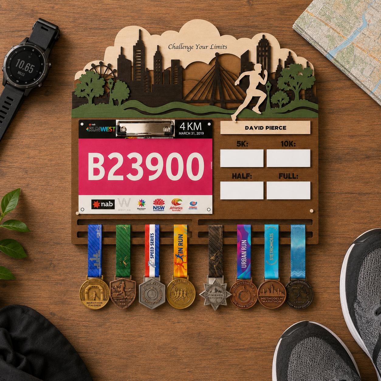 Running Medal Hanger for Him – Race Bib Display & PR Tracker