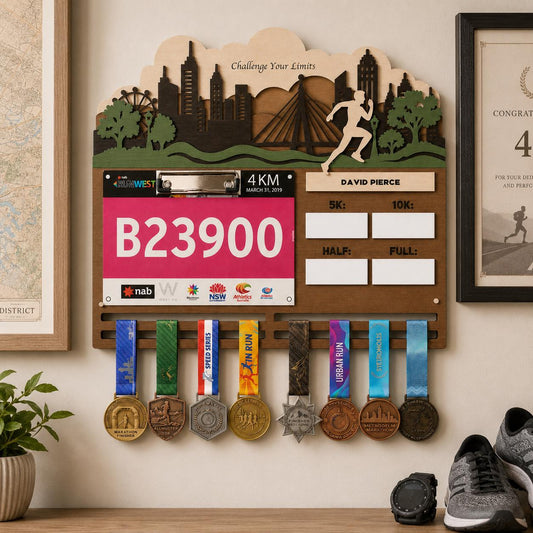 Running Medal Hanger for Him – Race Bib Display & PR Tracker