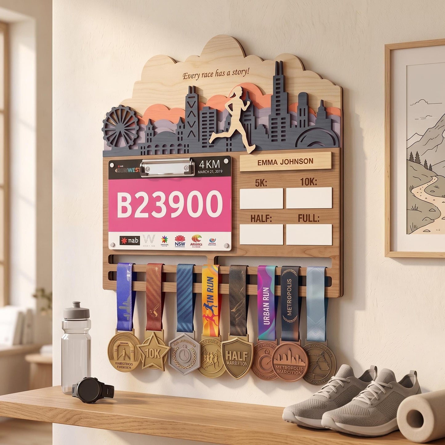 Philly Runner Medal Hanger – City Skyline Race Bib Display & PR Tracker