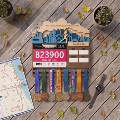 Chicago Runner Medal Hanger – Skyline Race Bib Display & PR Tracker