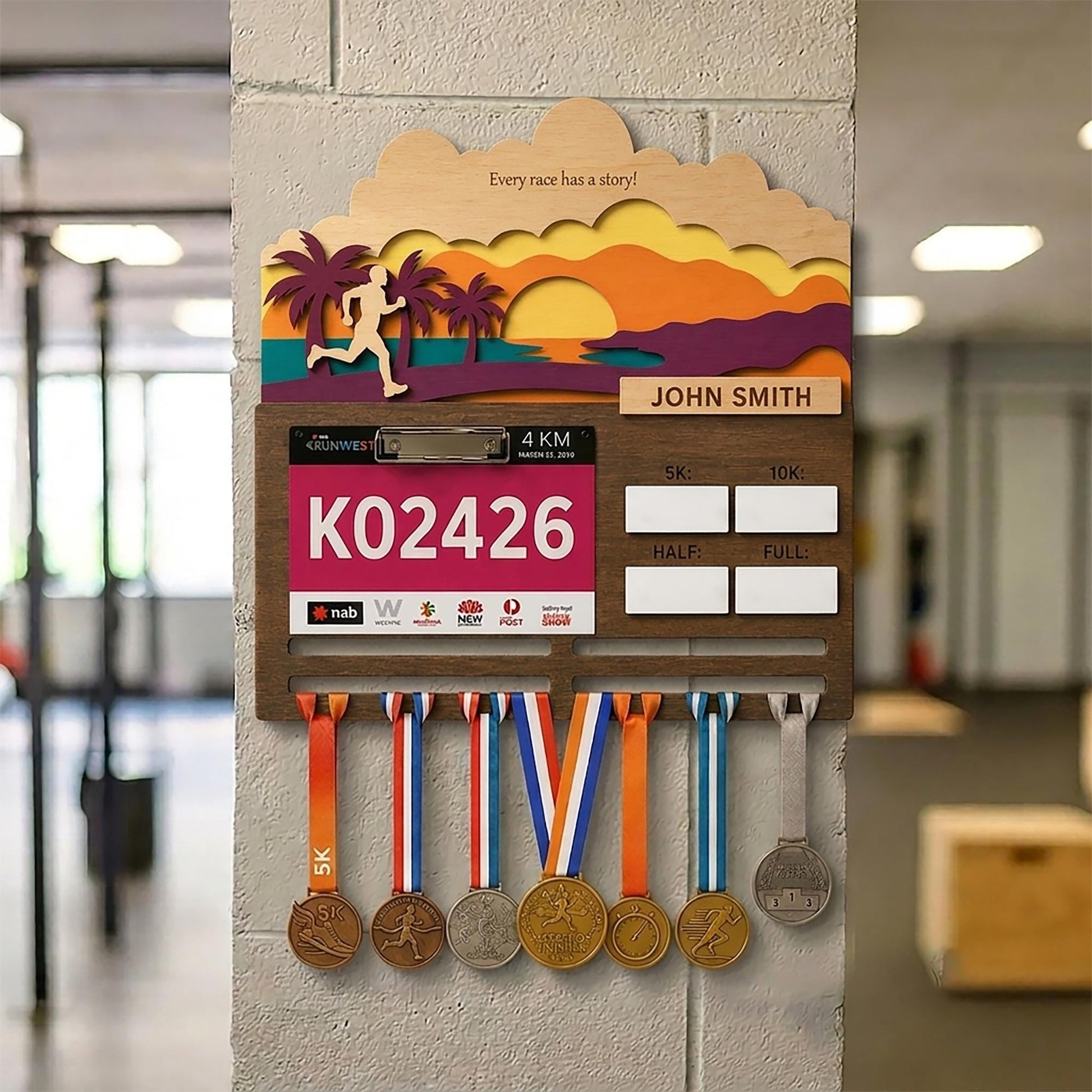 Beach Sunset Running Medal Hanger – Ocean Race Bib Display & PR Tracker