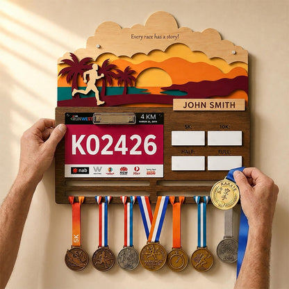 Beach Sunset Running Medal Hanger – Ocean Race Bib Display & PR Tracker
