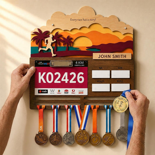 Beach Sunset Running Medal Hanger – Ocean Race Bib Display & PR Tracker