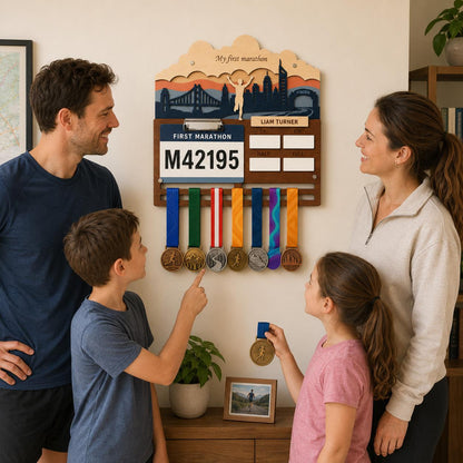 First Marathon Medal Hanger Personalized – My First 26.2 Race Bib Display & Tracker