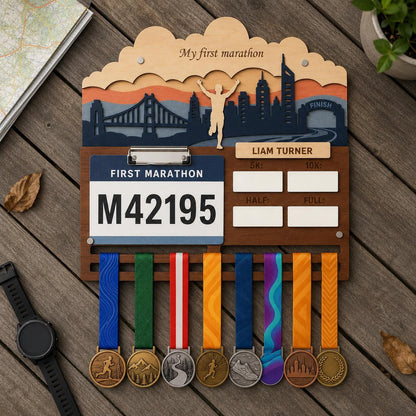 First Marathon Medal Hanger Personalized – My First 26.2 Race Bib Display & Tracker