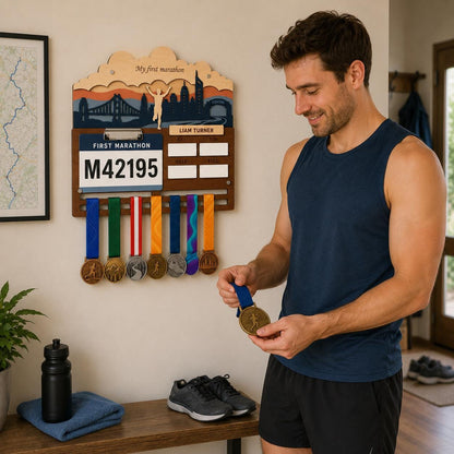 First Marathon Medal Hanger Personalized – My First 26.2 Race Bib Display & Tracker