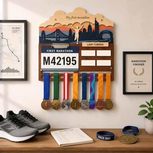First Marathon Medal Hanger Personalized – My First 26.2 Race Bib Display & Tracker