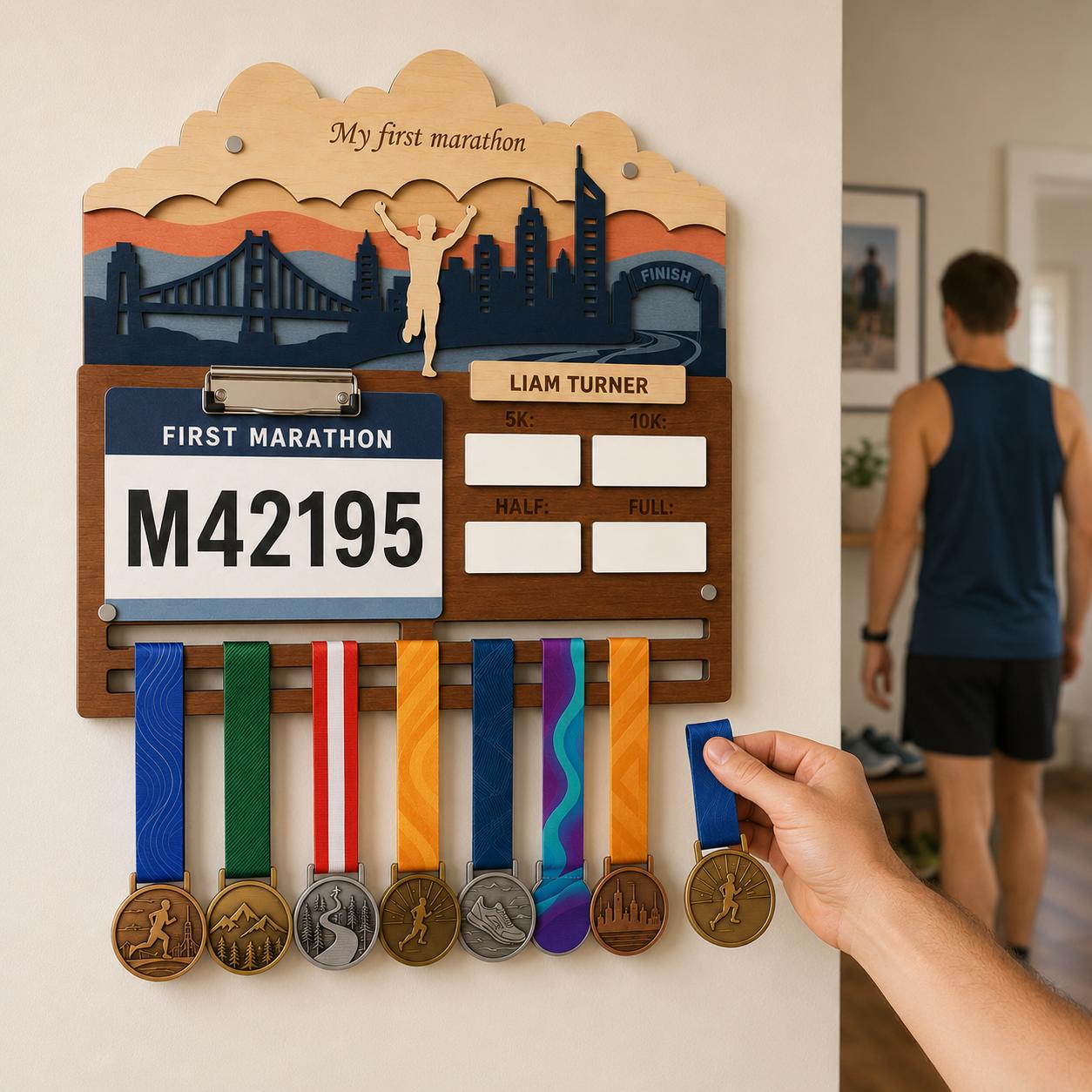First Marathon Medal Hanger Personalized – My First 26.2 Race Bib Display & Tracker