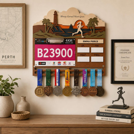 Coastal Runner Medal Hanger with PR Tracker – Seaside Race Bib Display