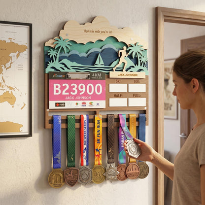 Coastal Running Medal Holder with Race Bib Display – Beach Marathon Medal Hanger