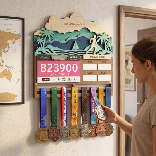 Coastal Running Medal Holder with Race Bib Display – Beach Marathon Medal Hanger
