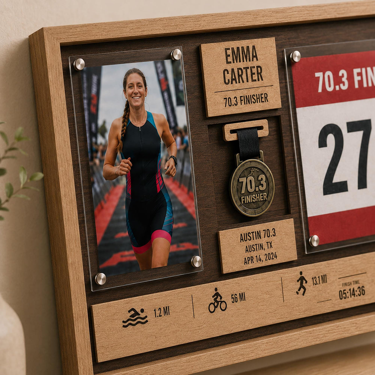 Marathon medal display case – photo and medal close-up