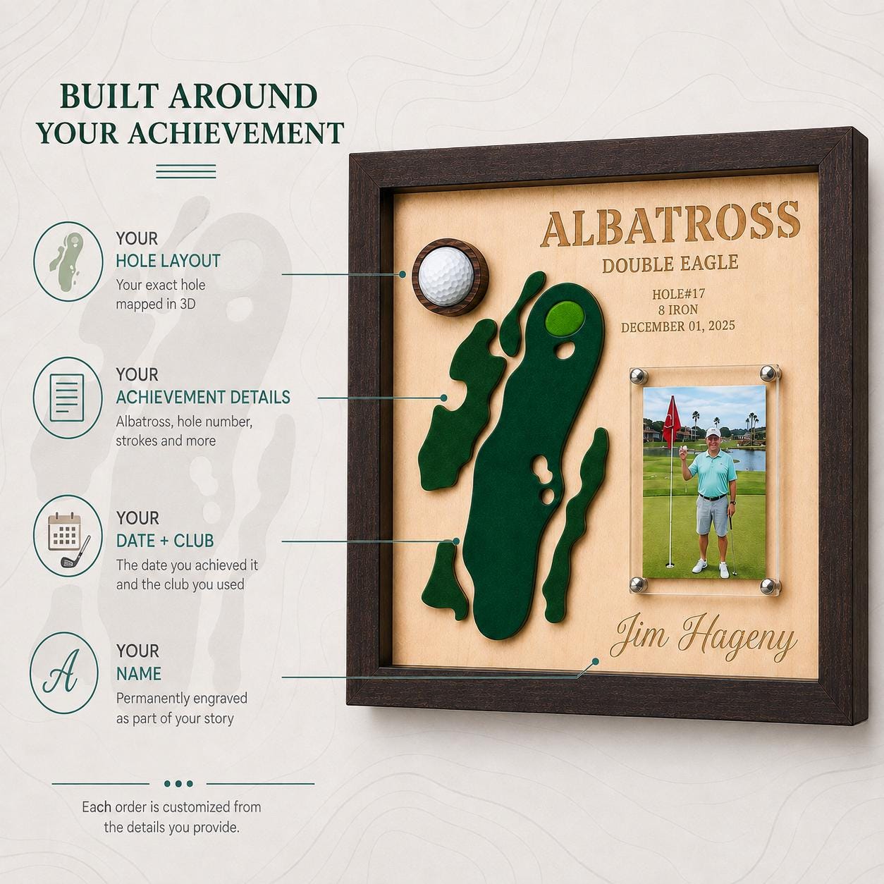 Albatross Golf Gift – Golf Eagle Plaque, 3D Course Map Golf Ball Display