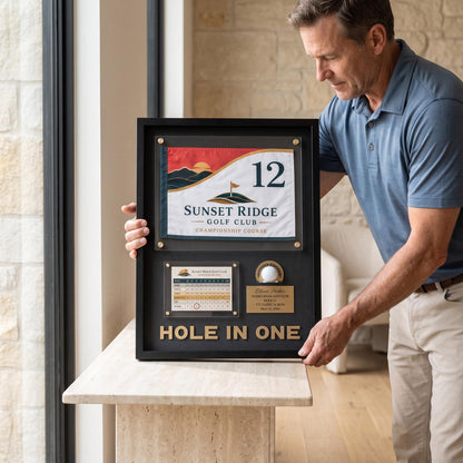 Hole in One Flag Display Case – Golf Pin Flag Shadow Box Frame, Scorecard Ball Holder