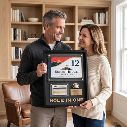 Hole in One Flag Display Case – Golf Pin Flag Shadow Box Frame, Scorecard Ball Holder