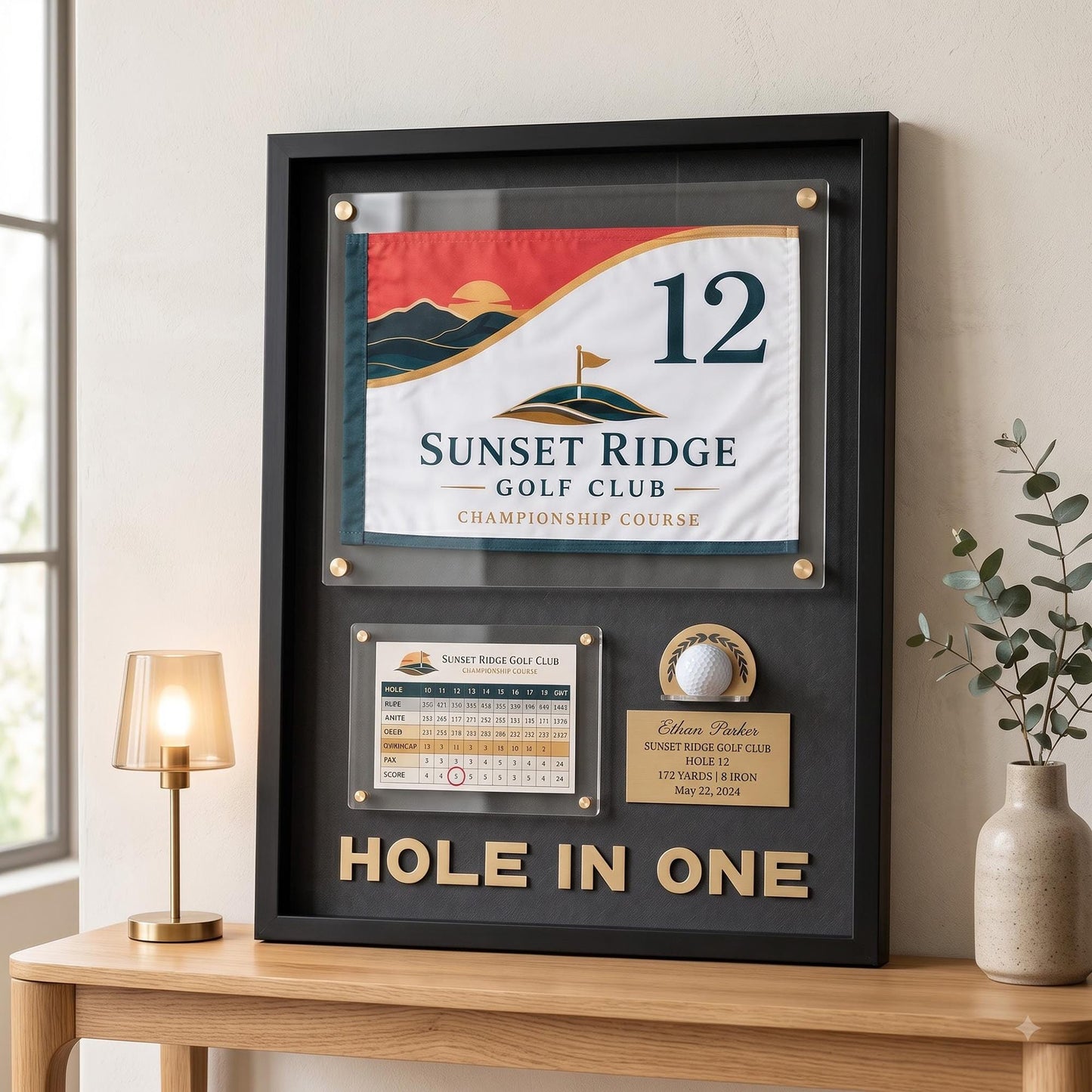 Hole in One Flag Display Case – Golf Pin Flag Shadow Box Frame, Scorecard Ball Holder