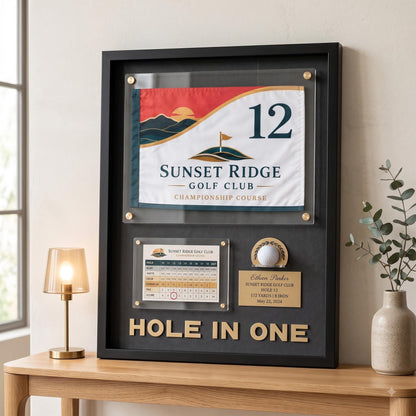 Hole in One Flag Display Case – Golf Pin Flag Shadow Box Frame, Scorecard Ball Holder