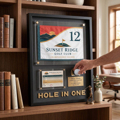 Hole in One Flag Display Case – Golf Pin Flag Shadow Box Frame, Scorecard Ball Holder