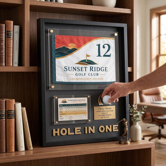 Hole in One Flag Display Case – Golf Pin Flag Shadow Box Frame, Scorecard Ball Holder