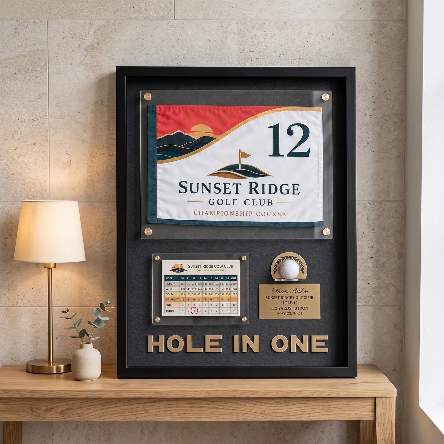 Hole in One Flag Display Case – Golf Pin Flag Shadow Box Frame, Scorecard Ball Holder