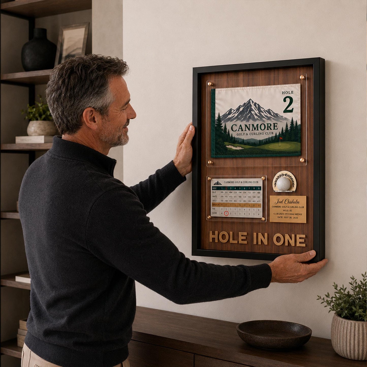 Hole in One Shadow Box – Golf Pin Flag Display Frame, Scorecard Ball Holder Case