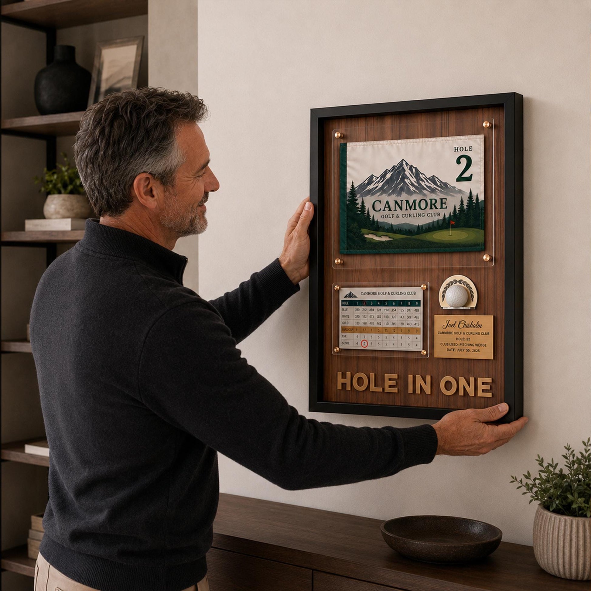 Hole in One Shadow Box – Golf Pin Flag Display Frame, Scorecard Ball Holder Case