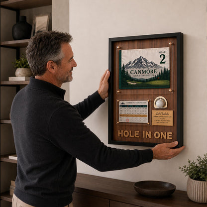Hole in One Shadow Box – Golf Pin Flag Display Frame, Scorecard Ball Holder Case