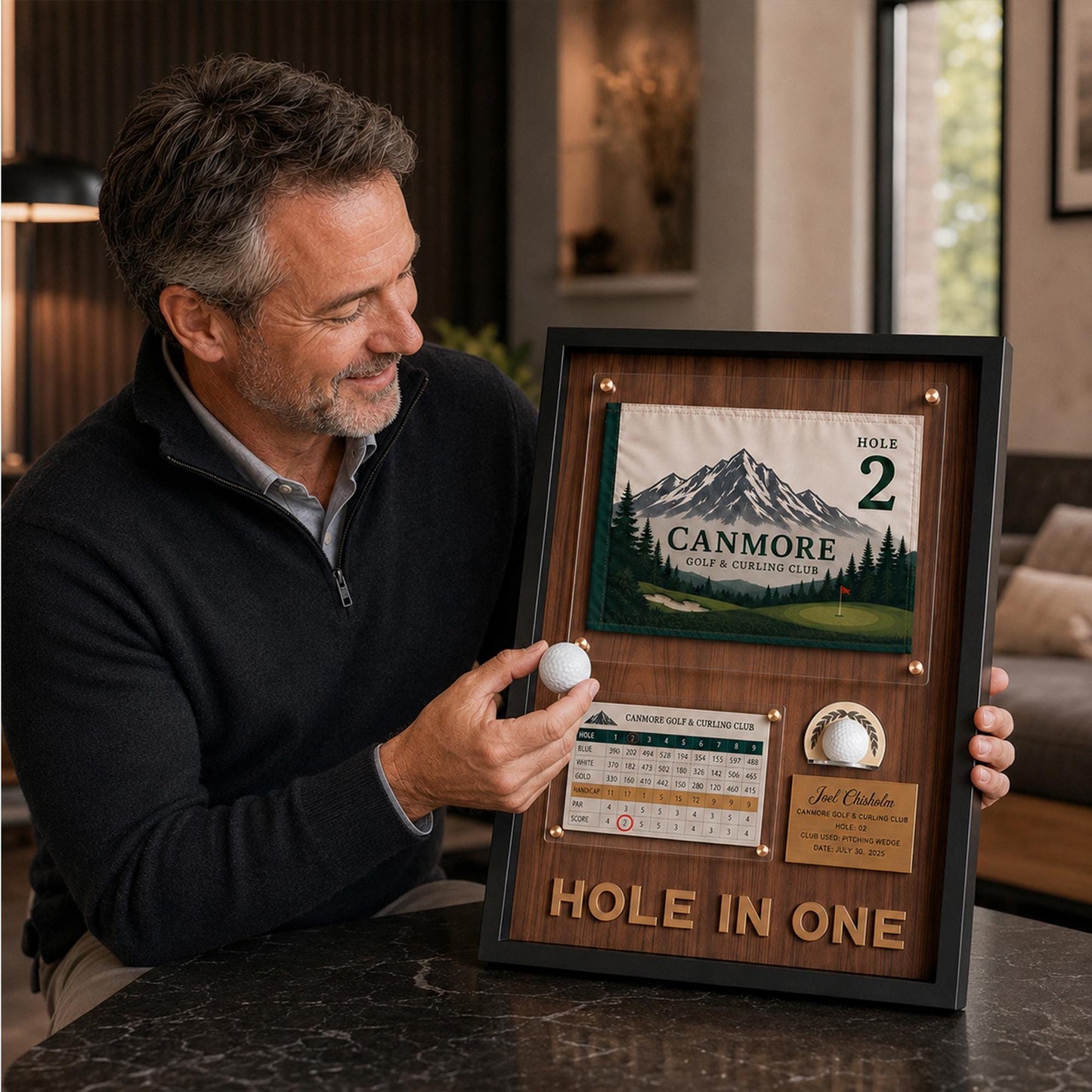 Hole in One Shadow Box – Golf Pin Flag Display Frame, Scorecard Ball Holder Case