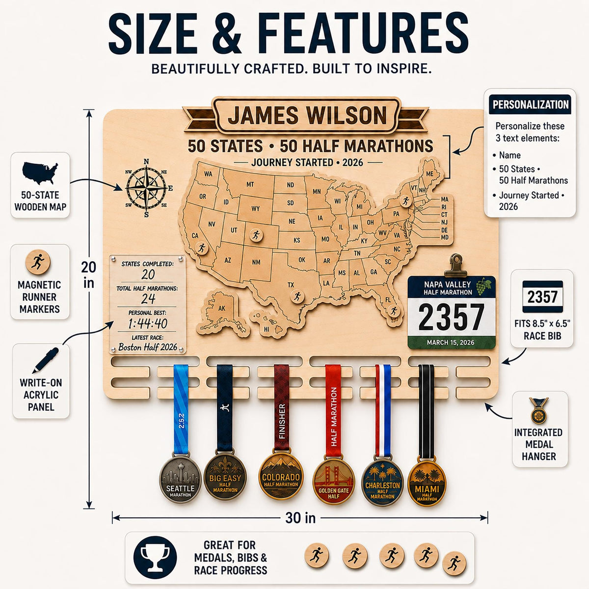 50 states half marathon medal display – dimensions and features