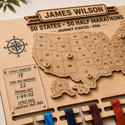 50 states half marathon medal display – layered states and engraved text close-up