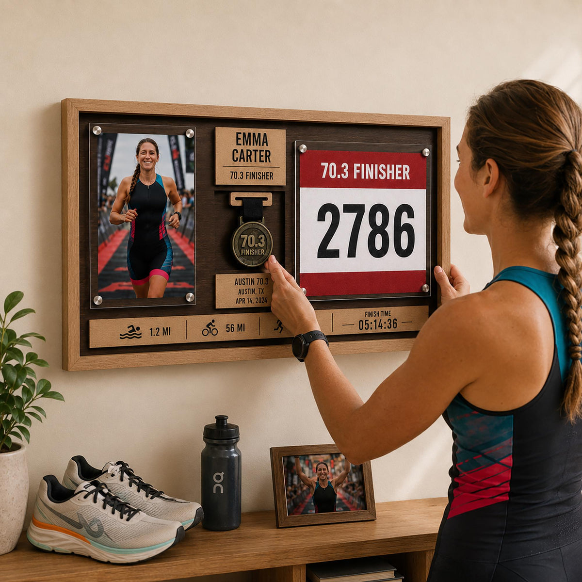 Marathon medal display case – finisher photo, medal and race bib in a shadow box