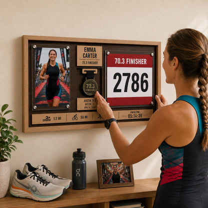 Marathon medal display case – finisher photo, medal and race bib in a shadow box