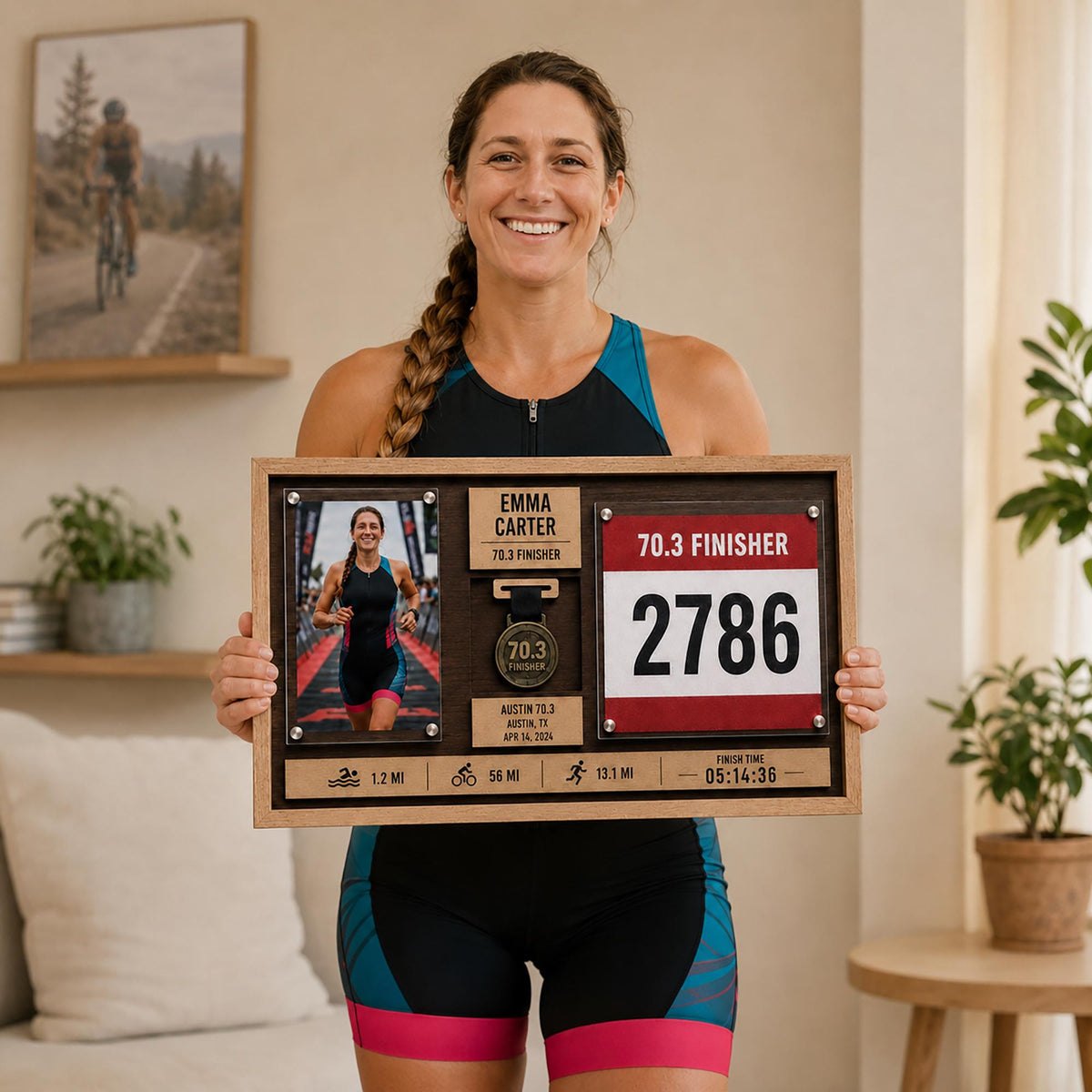 Marathon medal display case – runner holding her shadow box