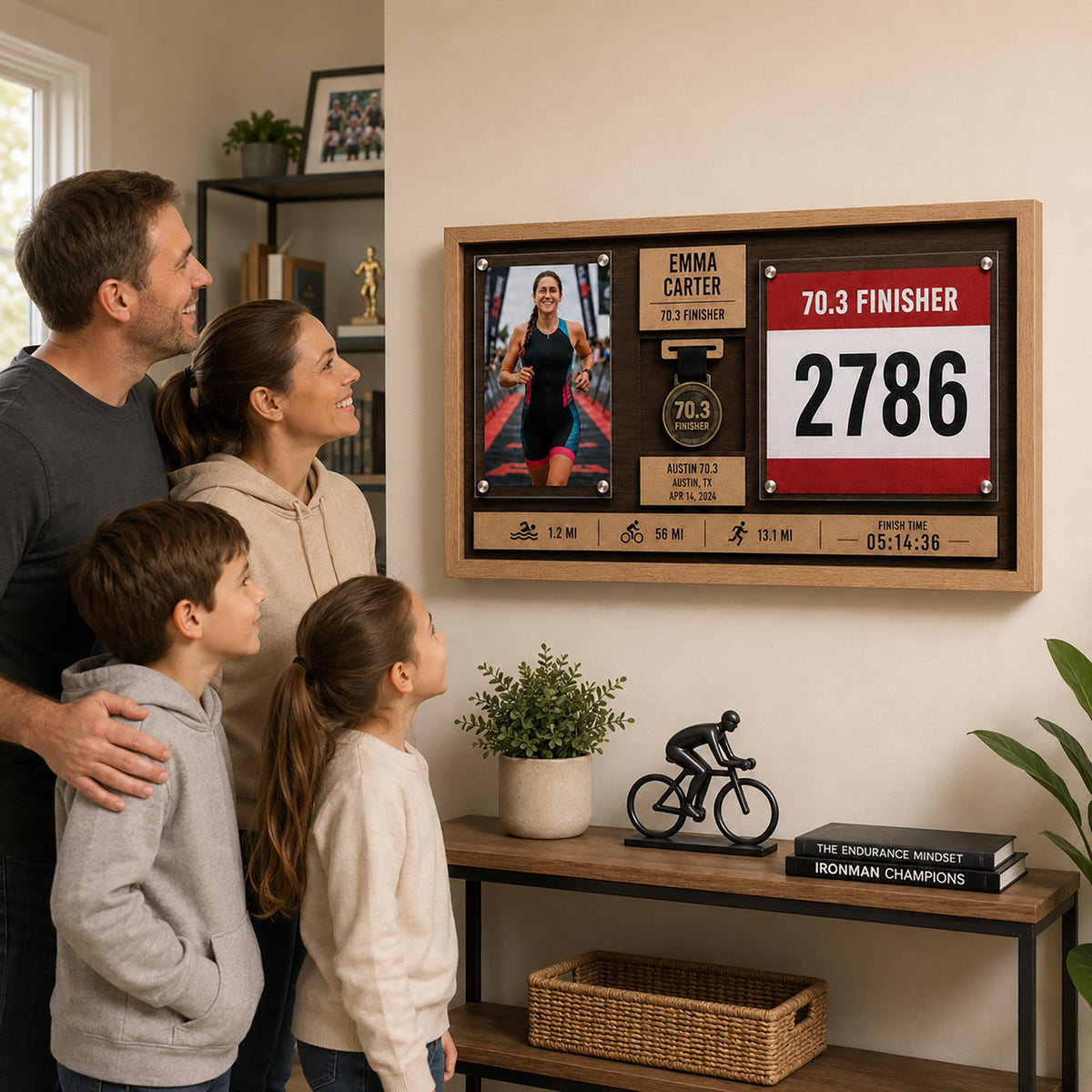 Marathon medal display case – family looking at the display
