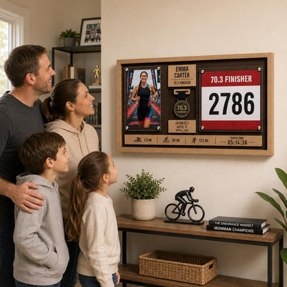 Marathon medal display case – family looking at the display