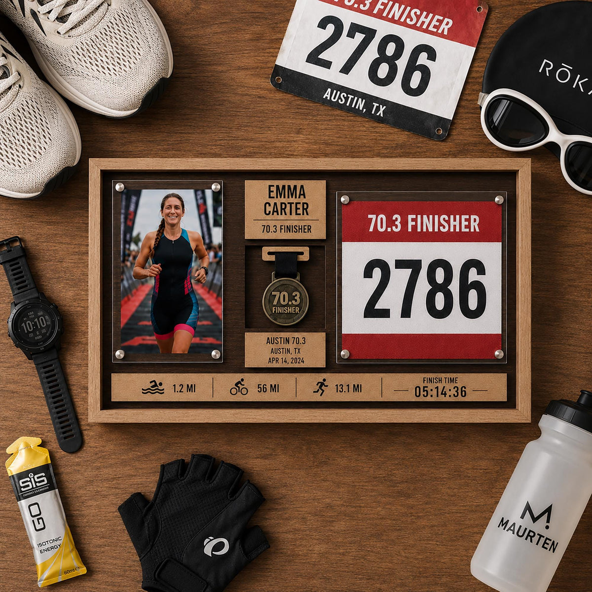 Marathon medal display case – on a wooden table