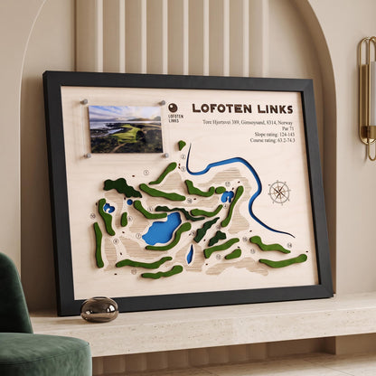Custom golf course map with photo – on a living room shelf