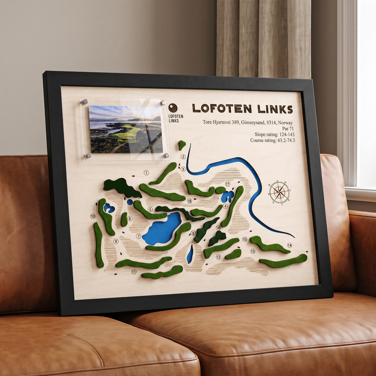 Custom golf course map with photo – minimalist 3D wooden course plaque in a black frame