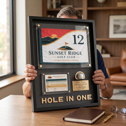 Hole in One Flag Display Case – Golf Pin Flag Shadow Box Frame, Scorecard Ball Holder