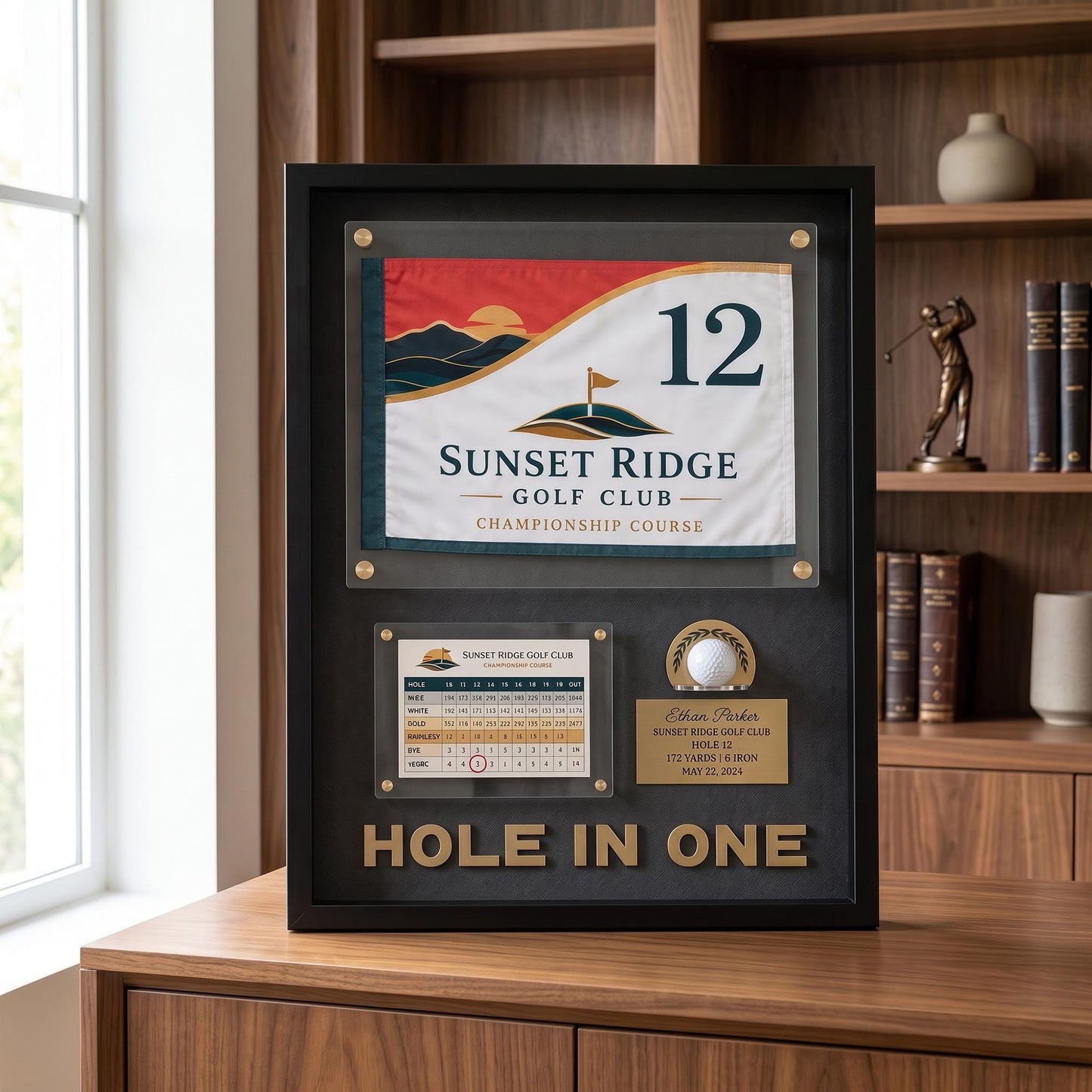 Hole in One Flag Display Case – Golf Pin Flag Shadow Box Frame, Scorecard Ball Holder