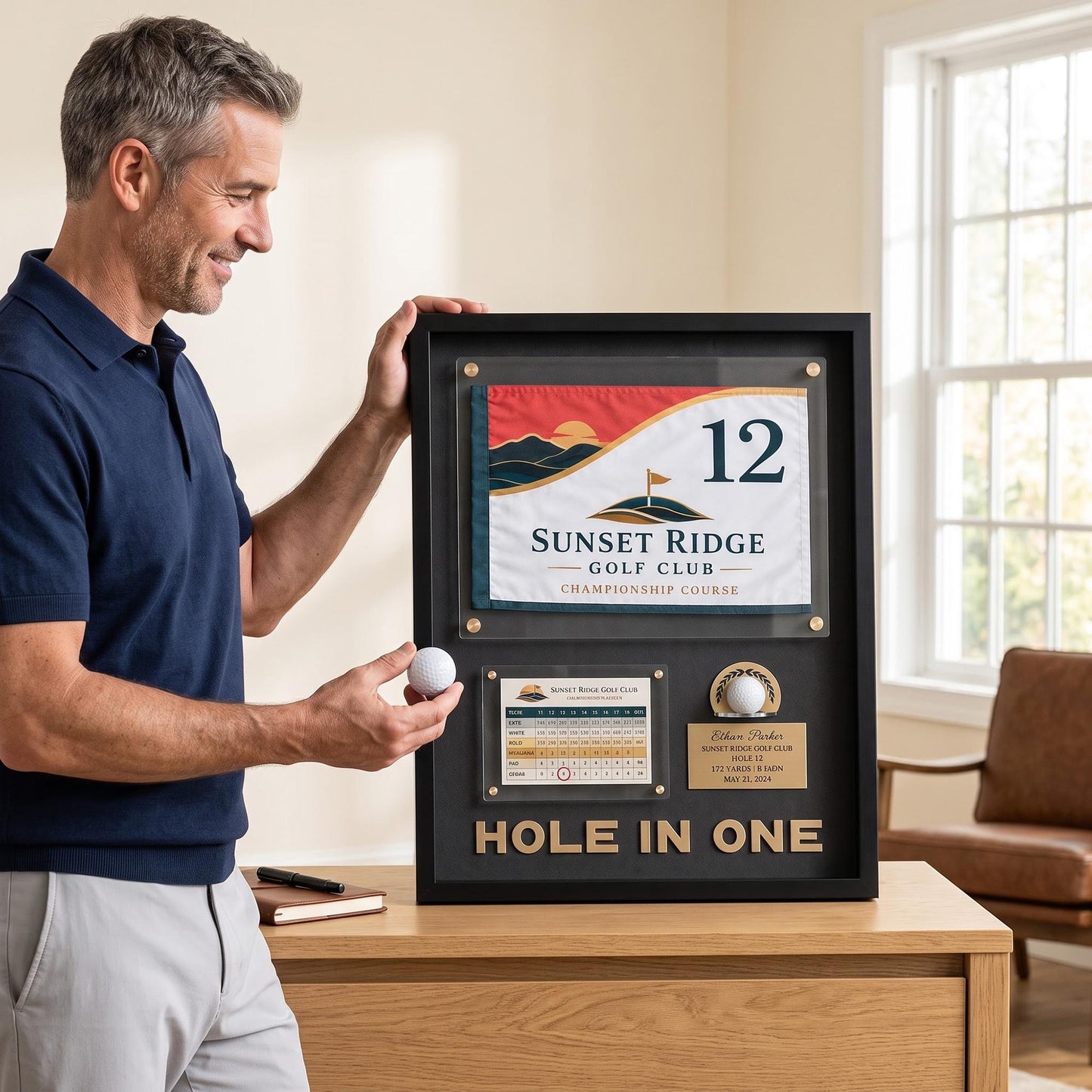 Hole in One Flag Display Case – Golf Pin Flag Shadow Box Frame, Scorecard Ball Holder