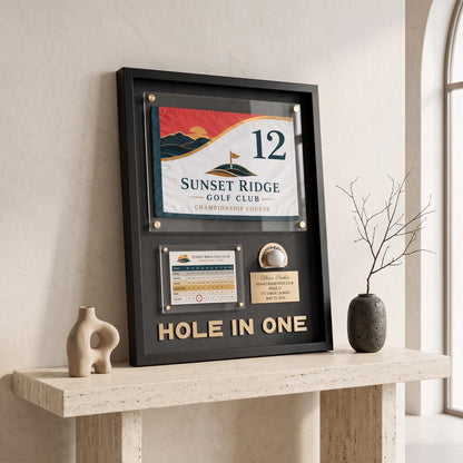Hole in One Flag Display Case – Golf Pin Flag Shadow Box Frame, Scorecard Ball Holder