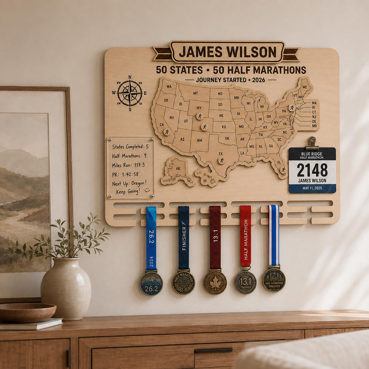 50 states half marathon medal display – on a hallway wall