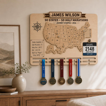 50 states half marathon medal display – on a hallway wall