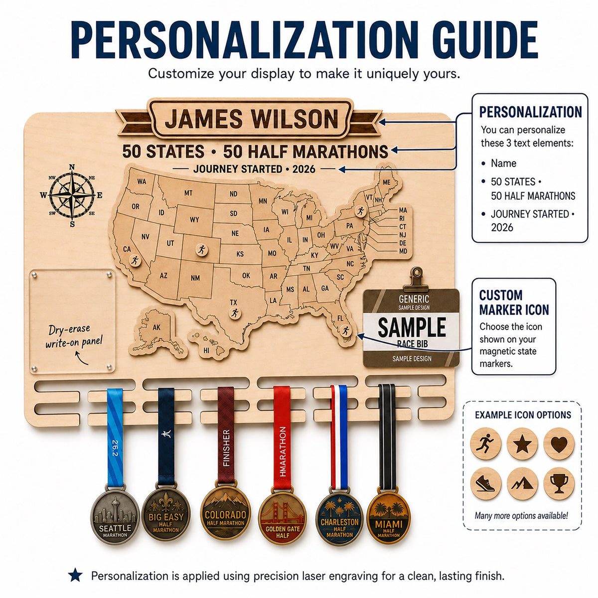50 states half marathon medal display – personalization guide and marker icons